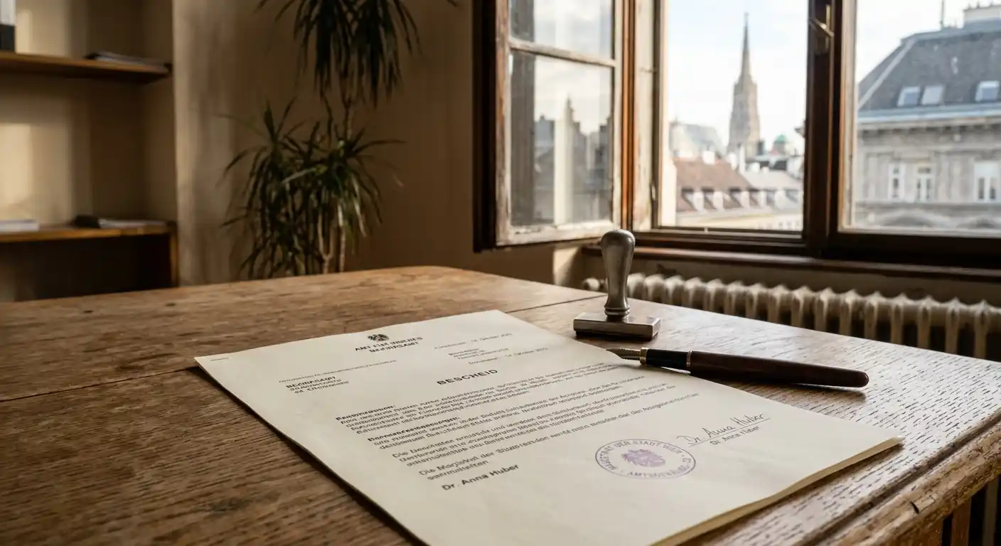 Neutrales Dokument mit Stempel und Wiener Stadtansicht im Hintergrund
