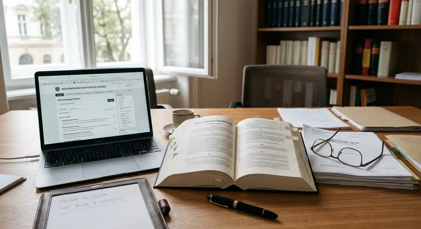 Schreibtisch mit juristischen Dokumenten, aufgeschlagenem Gesetzbuch und Laptop