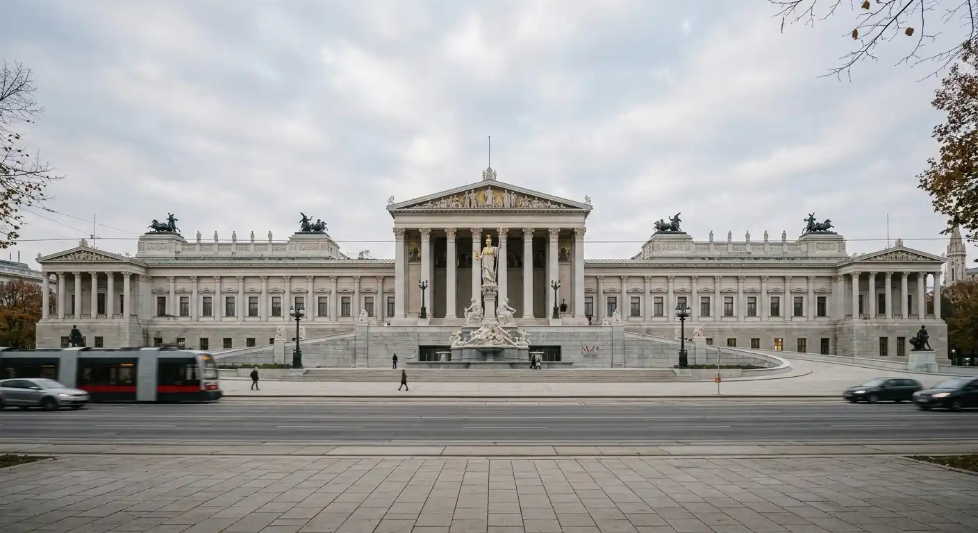 Parlamentsgebäude in Wien bei ruhigem Tageslicht, aufgenommen aus der Distanz