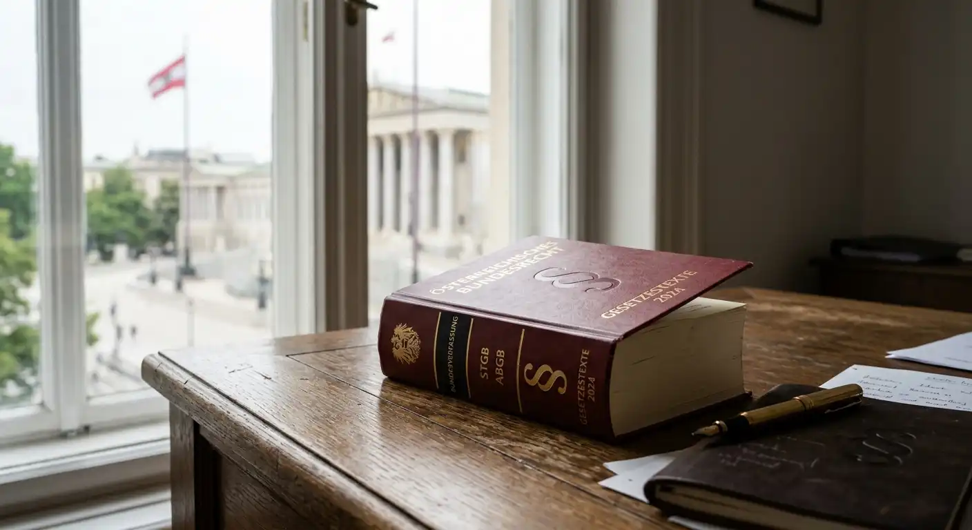 Österreichisches Gerichtsgebäude mit Gesetzesbuch und Paragrafensymbol