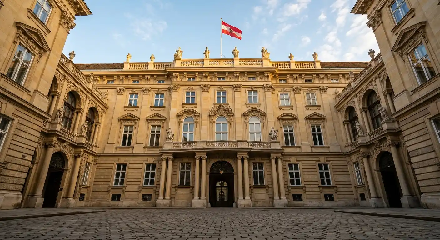 Wiener Regierungsgebäude mit österreichischer Flagge im Vordergrund