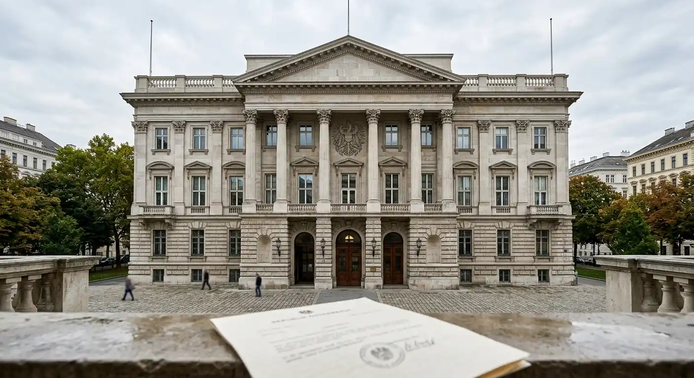 Neoklassizistisches österreichisches Regierungsgebäude mit offiziellem Siegel an der Fassade