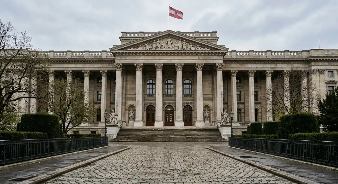 Regierungsgebäude in Wien mit klassischer Fassade unter bewölktem Himmel