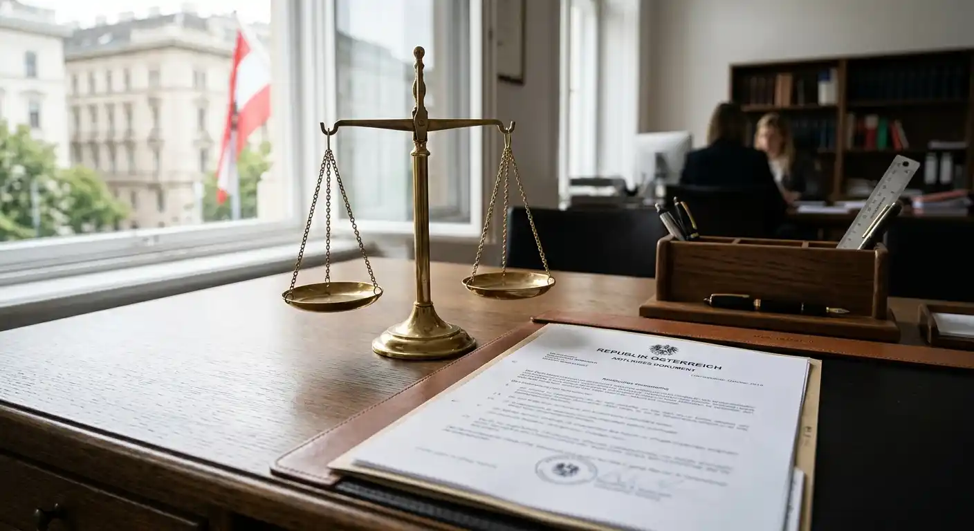Österreichisches Gerichtsgebäude mit Waage-Symbol für Glücksspielgesetz