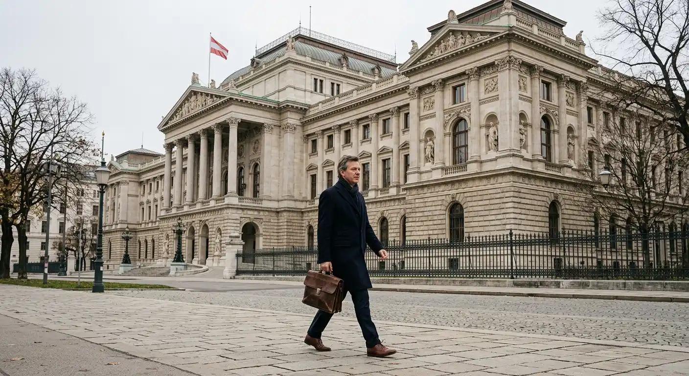 Außenansicht eines österreichischen Regierungsgebäudes mit klassischer Architektur bei bedecktem Himmel