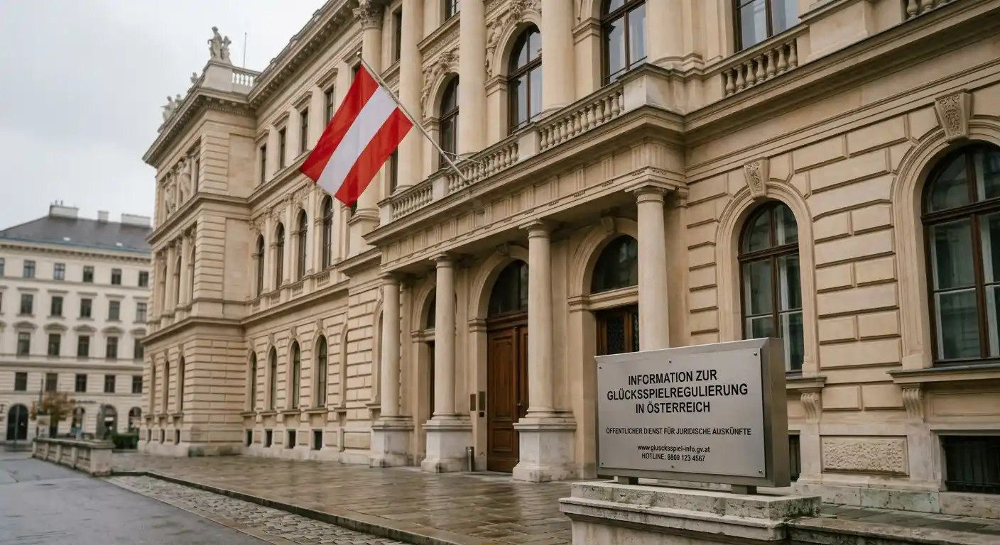 Wiener Regierungsgebäude mit österreichischer Flagge und einem Schild zum Glücksspielgesetz