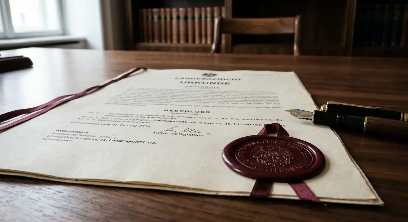 Versiegeltes Dokument mit Wachssiegel auf dunklem Holztisch als Symbol für Konzessionsrecht