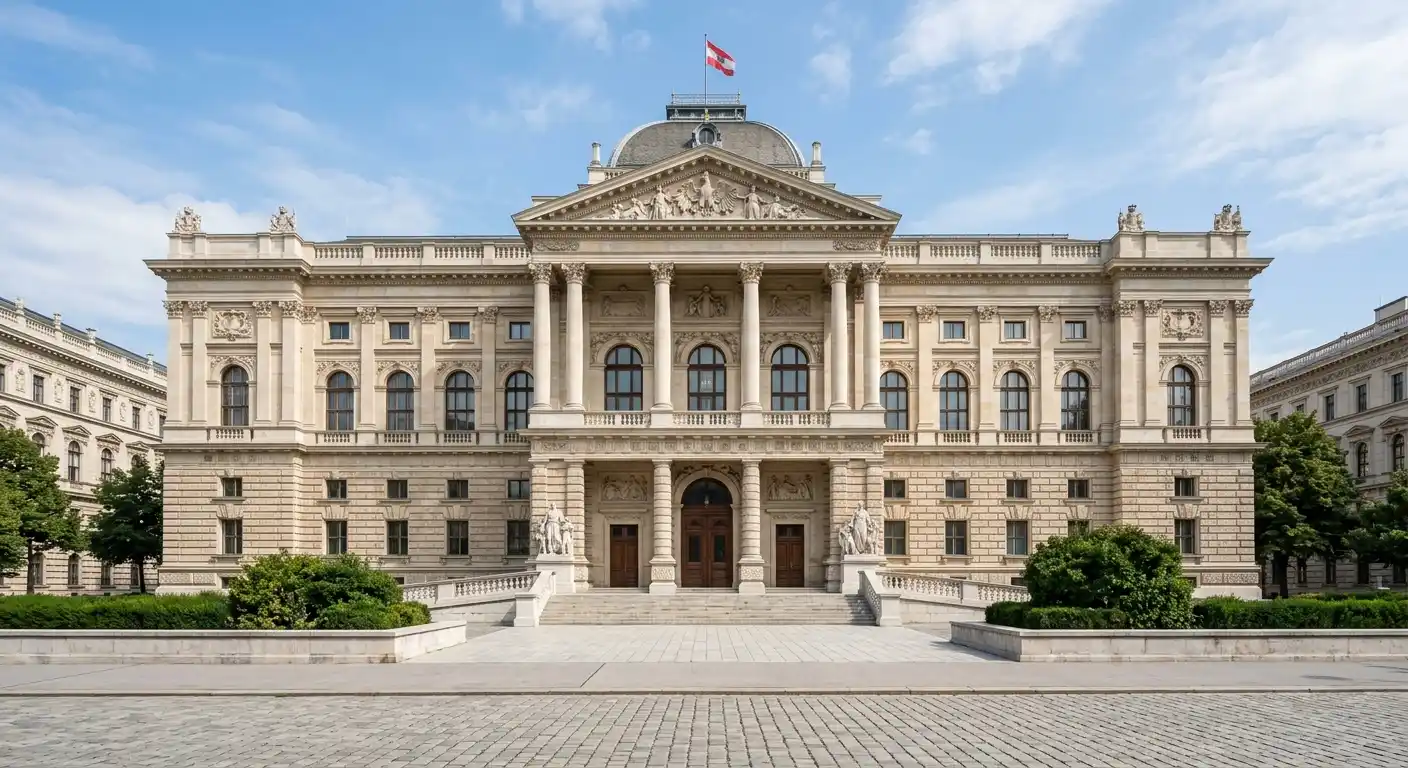 Österreichisches Gerichtsgebäude mit Waage-Symbol