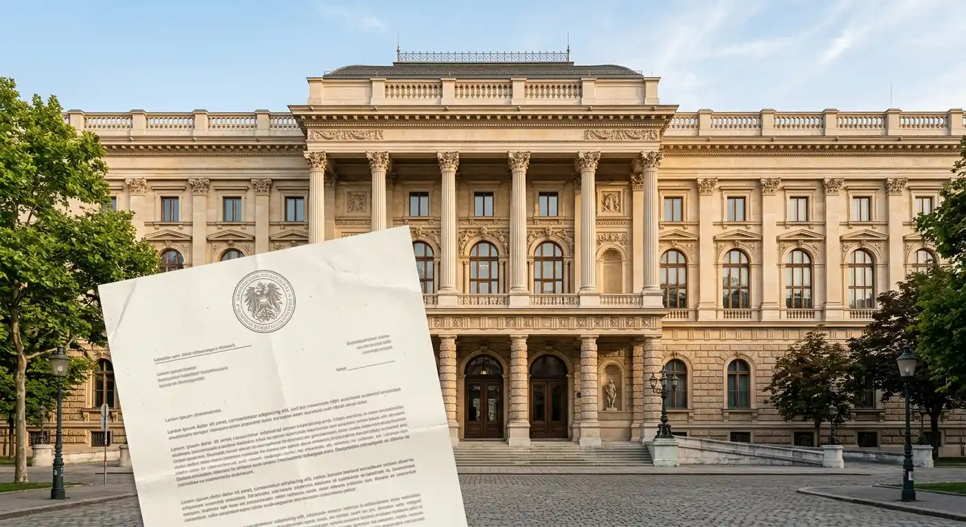 Klassische Gebäudefassade in Wien mit angedeutetem amtlichen Dokument im Vordergrund
