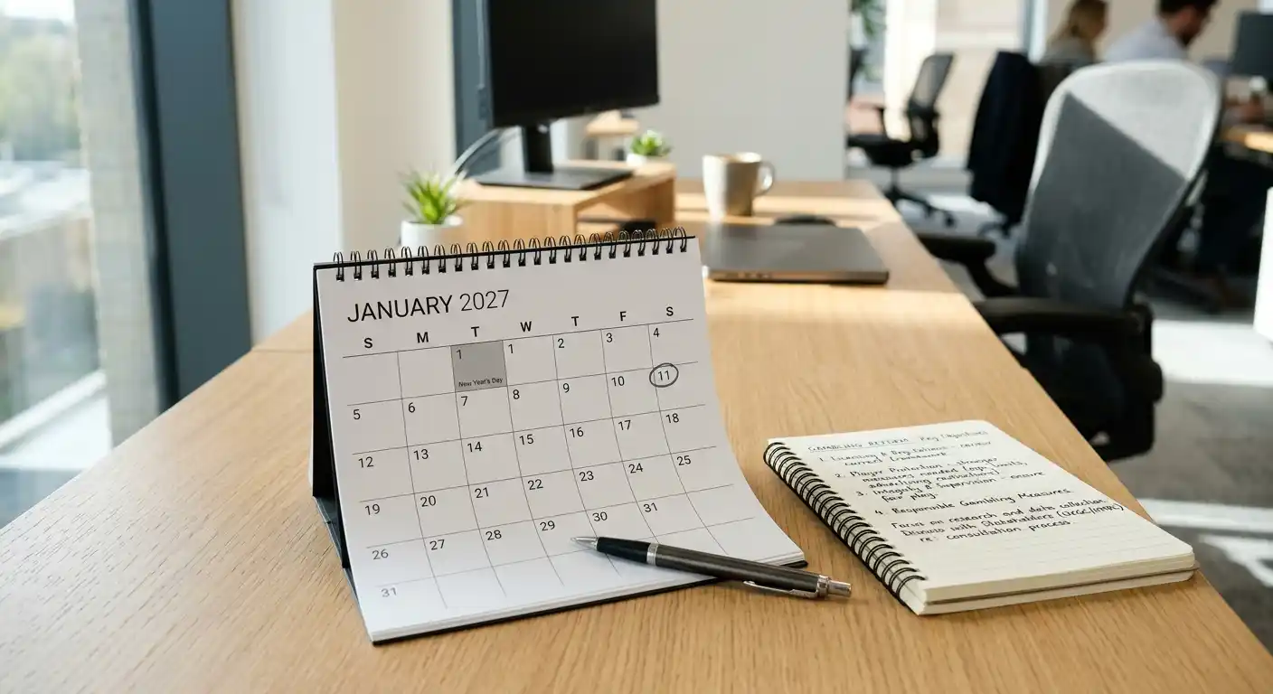 Kalender mit markiertem Datum Januar 2027 und Notizen zur Glücksspielreform