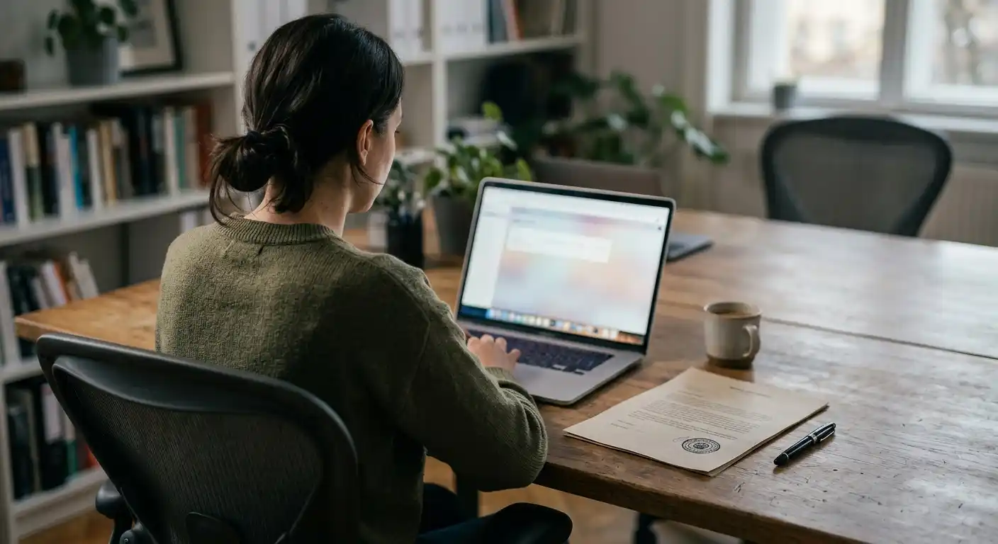 Person am Laptop mit einem neutralen Lizenzdokument und Stempel auf dem Tisch