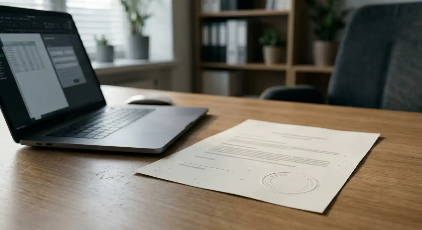 Sachliche Prüfung eines Konzessionsdokuments neben einem Laptop