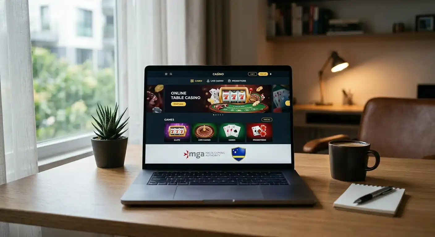 Laptop mit Casino-Website und Malta- und Curaçao-Lizenz-Siegeln sichtbar