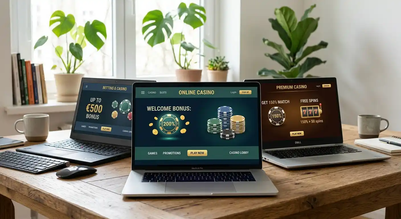 Mehrere Laptop-Bildschirme zeigen unterschiedliche Casino-Landingpages mit neutralen Bonusangeboten