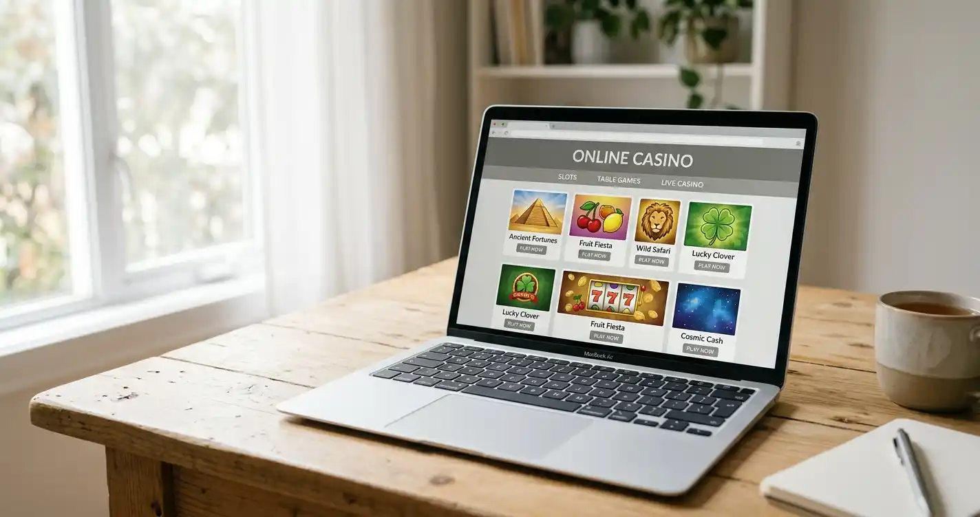 Laptop mit geöffnetem Browser-Casino auf einem hellen Schreibtisch in Wien
