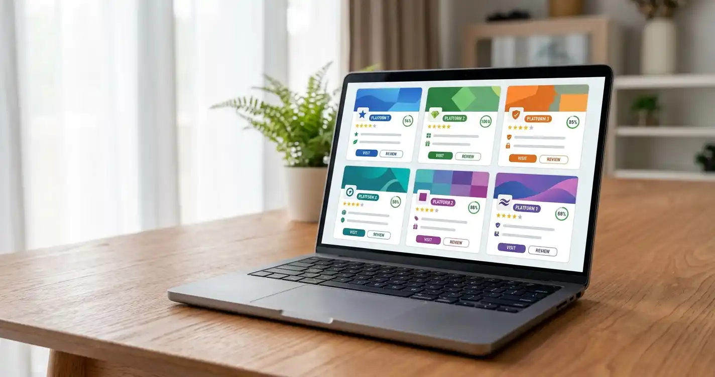 Laptop mit geöffnetem Casino-Vergleich auf einem neutralen Schreibtisch