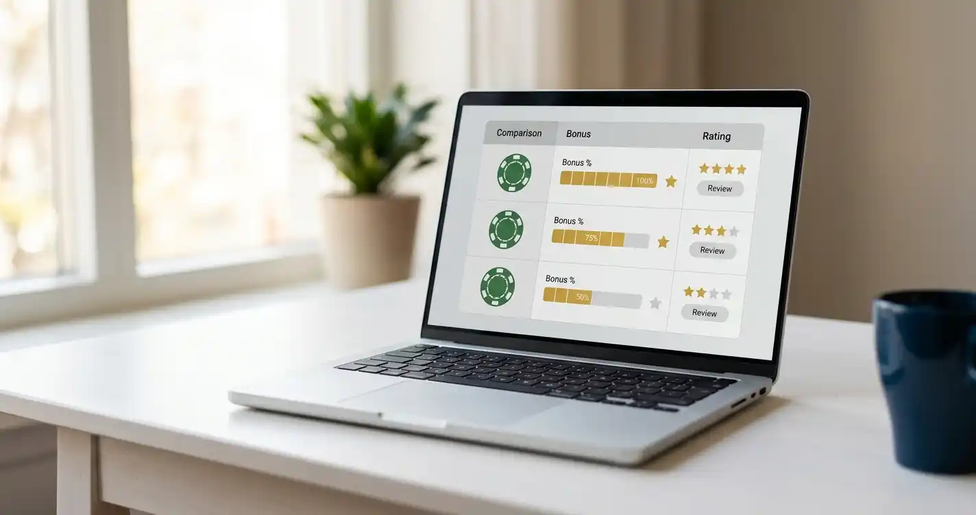 Einzahlungsbonus-Vergleich für österreichische Online-Casinos auf einem Laptop-Bildschirm