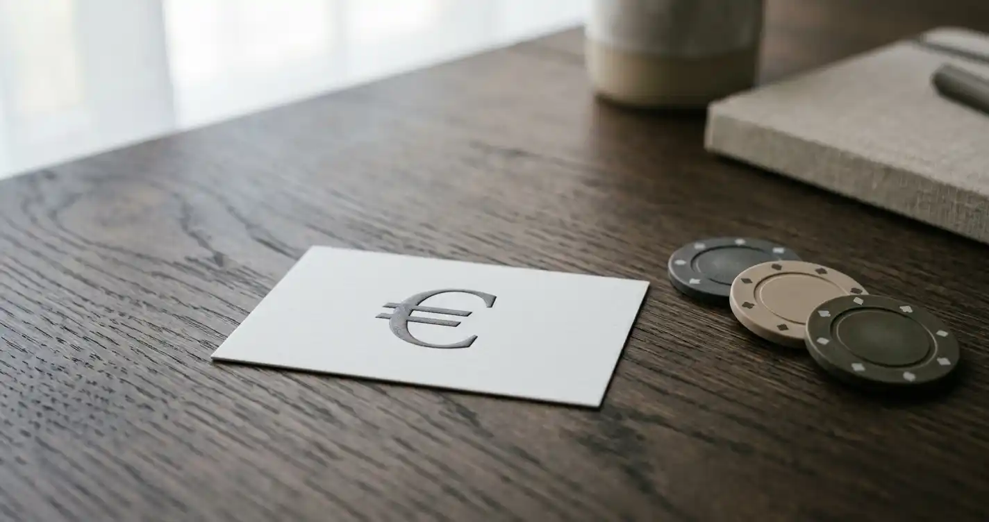Gutscheinkarte mit Euro-Symbol zwischen Spielchips auf einem ruhigen Schreibtisch