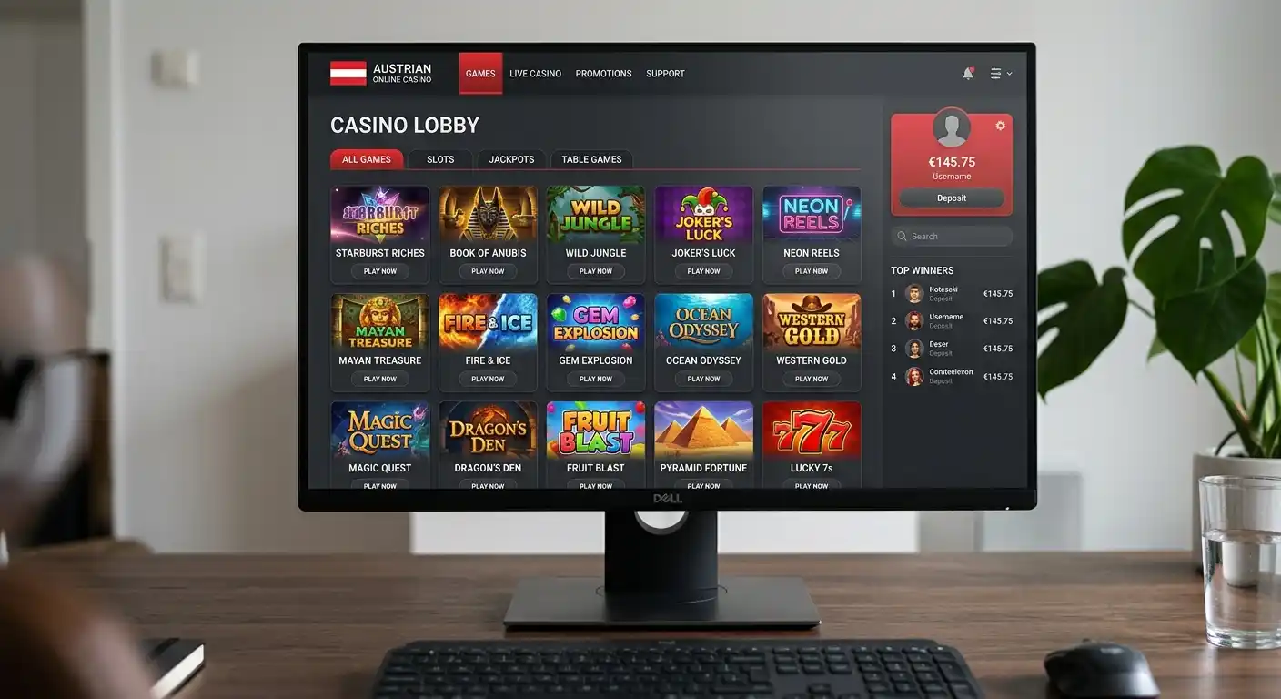 Online-Casino-Lobby mit verschiedenen Slot-Spielen in Österreich