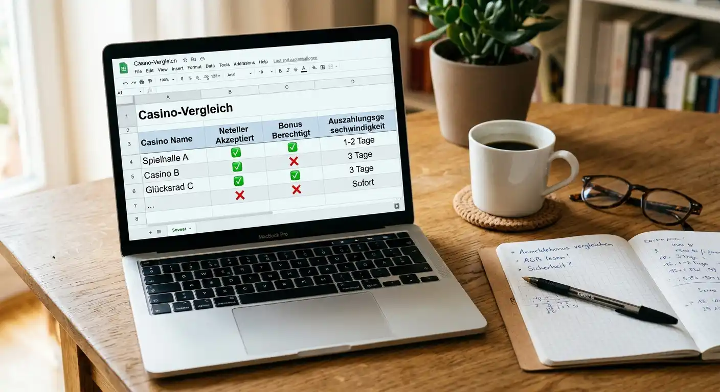 Laptop mit Casino-Vergleichstabelle und Notizen auf Schreibtisch