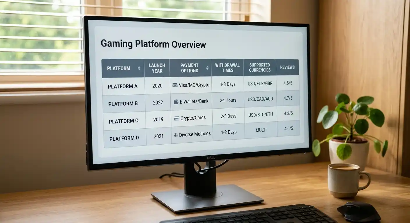 Vergleichstabelle verschiedener Online-Casino-Anbieter auf einem Computerbildschirm