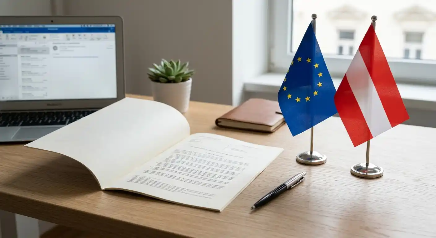 Österreichisches Glücksspielrecht: Gesetzesdokument und EU-Flagge auf einem Schreibtisch