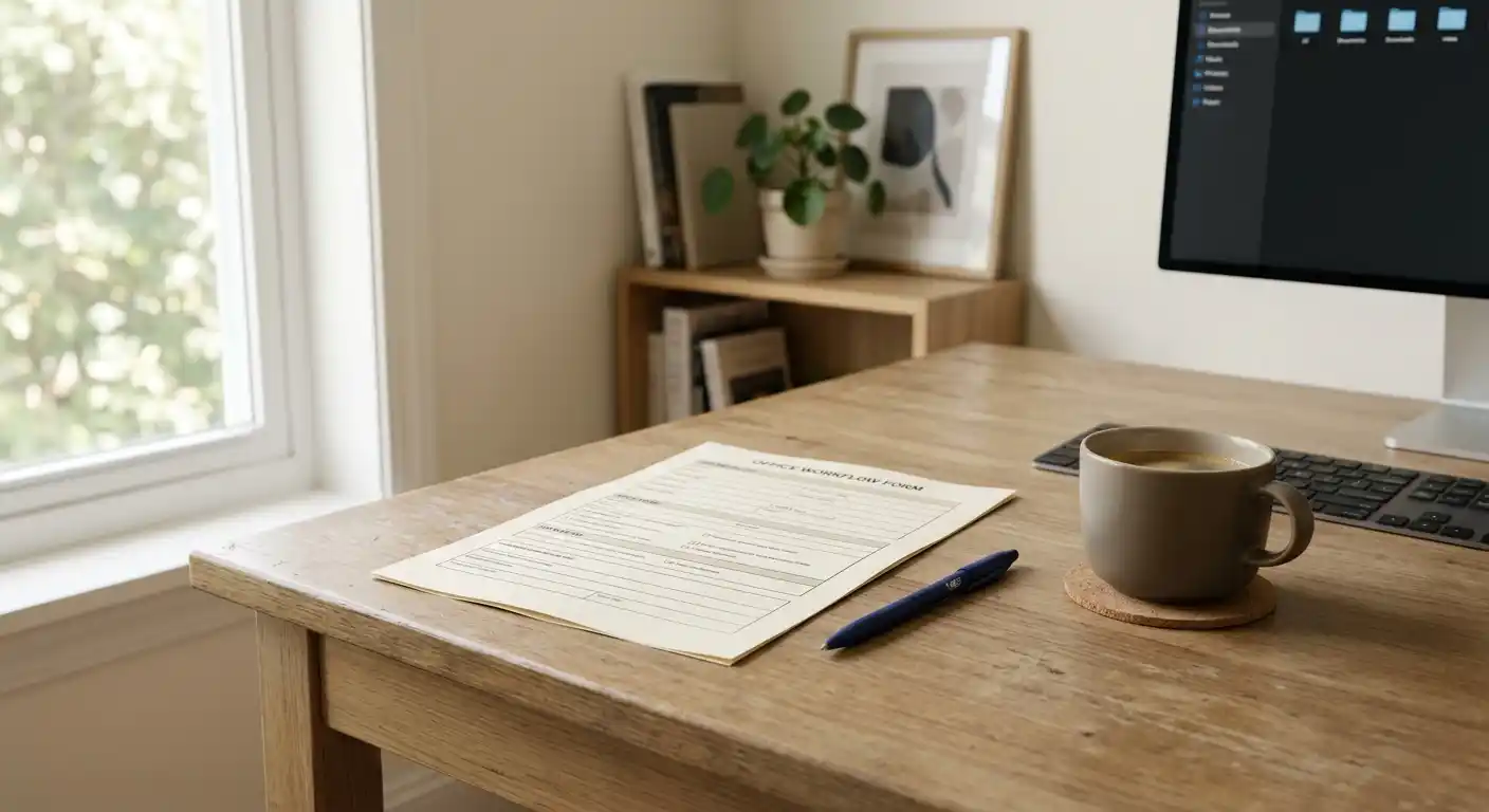 Schreibtisch mit Formular, Stift und Kaffeetasse für steuerliche Fragen zu Poker-Gewinnen