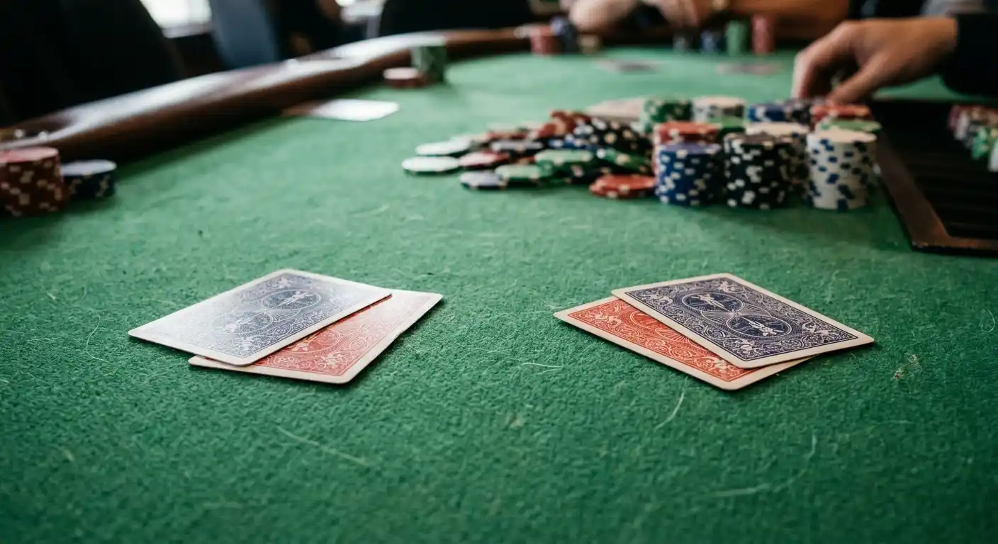 Texas Hold'em Hole Cards auf einem grünen Pokertisch mit Chips