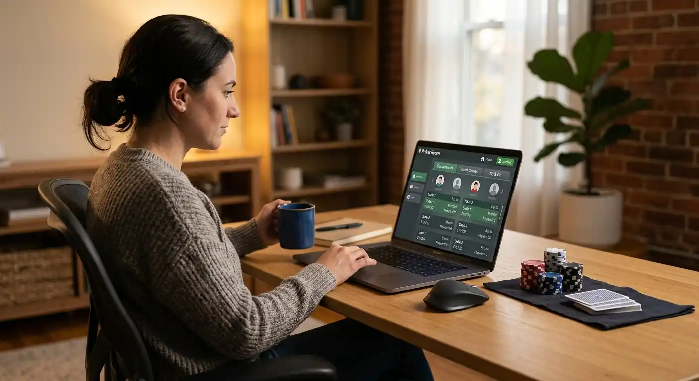 Spieler an einem Laptop mit geöffnetem Online-Poker-Fenster in Österreich