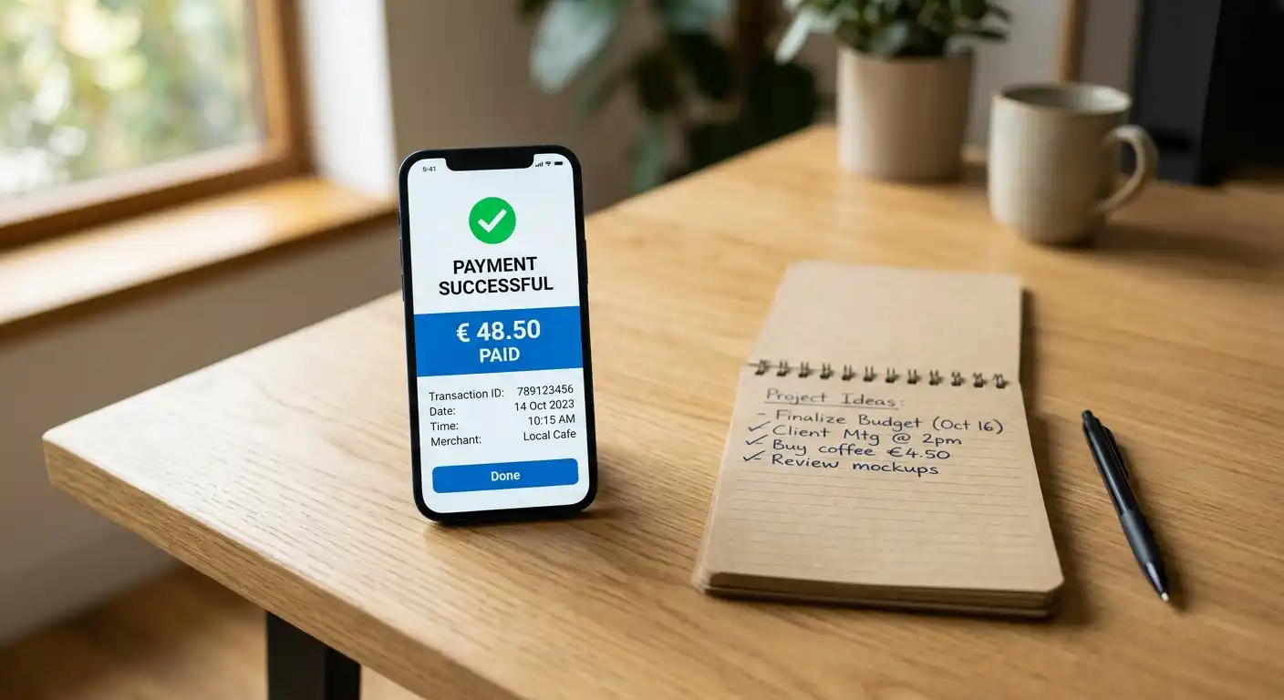 Smartphone mit Zahlungsbestätigung und Notizbuch für Online-Poker-Einzahlungen