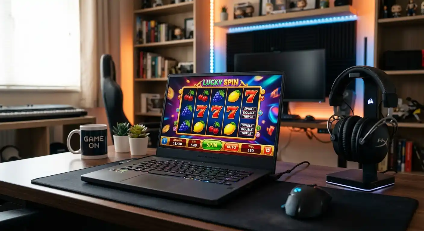 Modernes Gaming-Setup mit Laptop-Bildschirm zeigt Online-Slots mit bunten Walzen und Symbolen