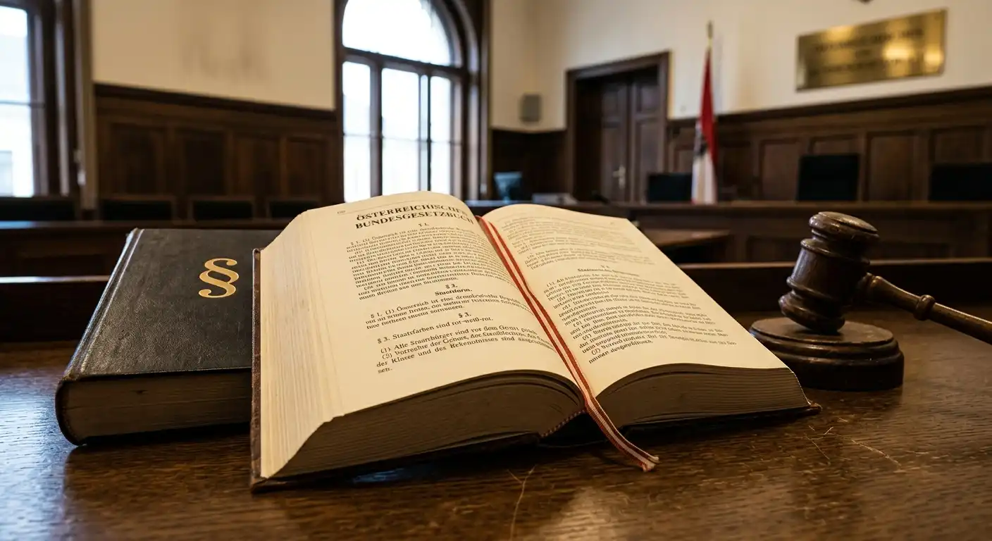Österreichisches Gesetzbuch mit Paragraphenzeichen und Gavel