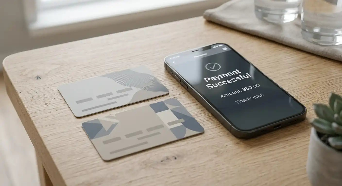 Zwei neutrale Gutscheinkarten neben einem Smartphone mit Zahlungsbestätigung ohne erkennbare Marken
