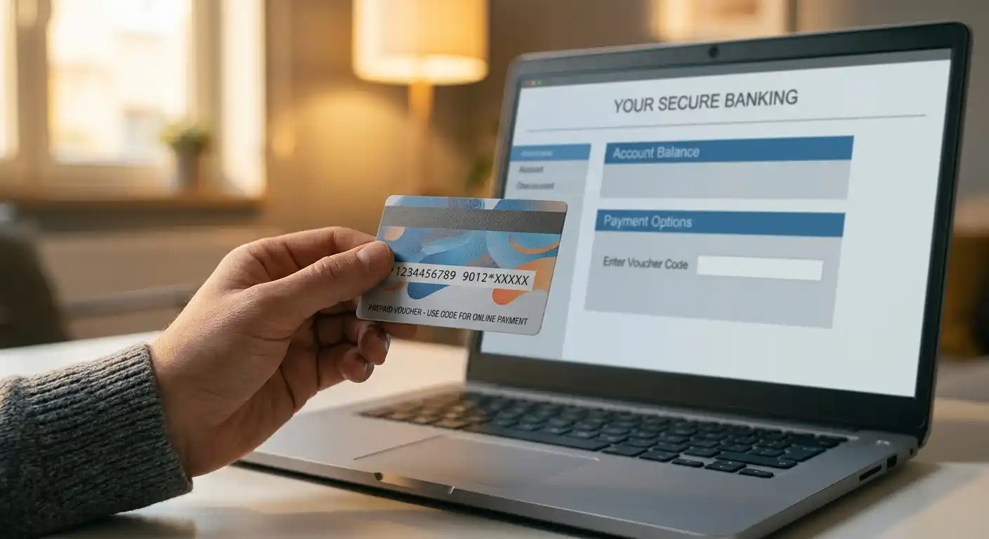 Paysafecard-Gutschein und Online-Banking-Interface auf einem Laptop-Bildschirm