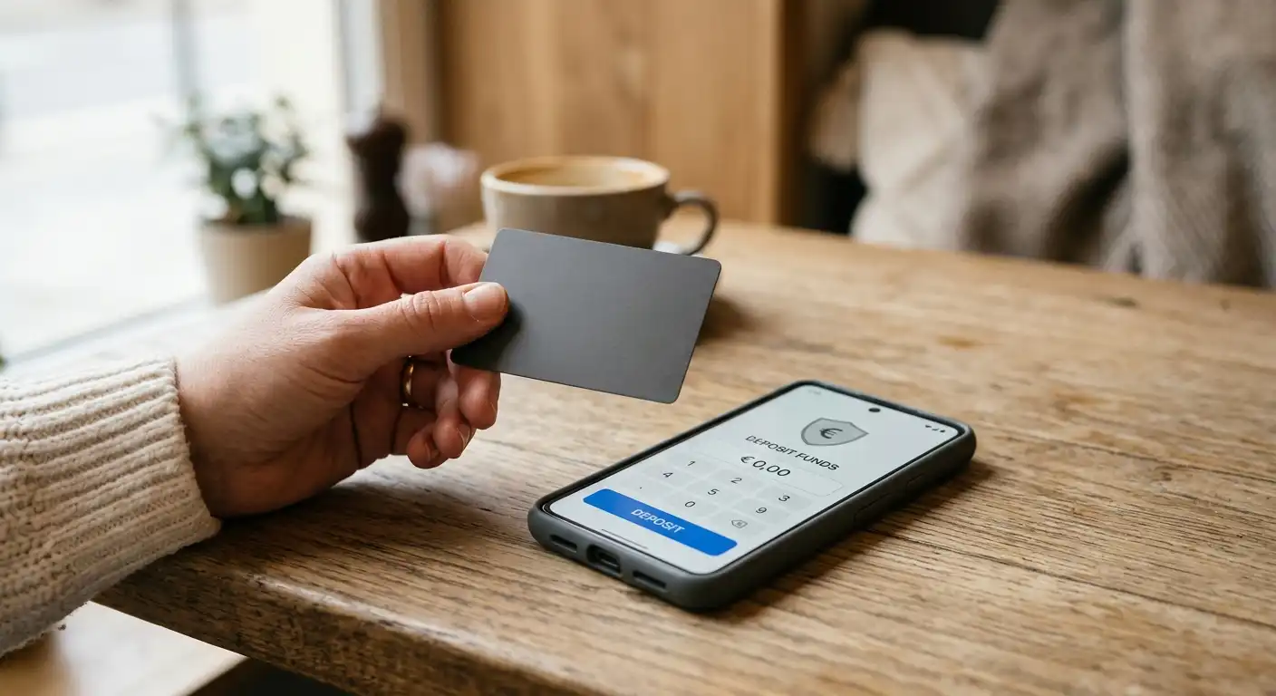 Hand hält eine neutrale Prepaid-Gutschein-Karte neben einem Smartphone mit einer Casino-Einzahlungsseite