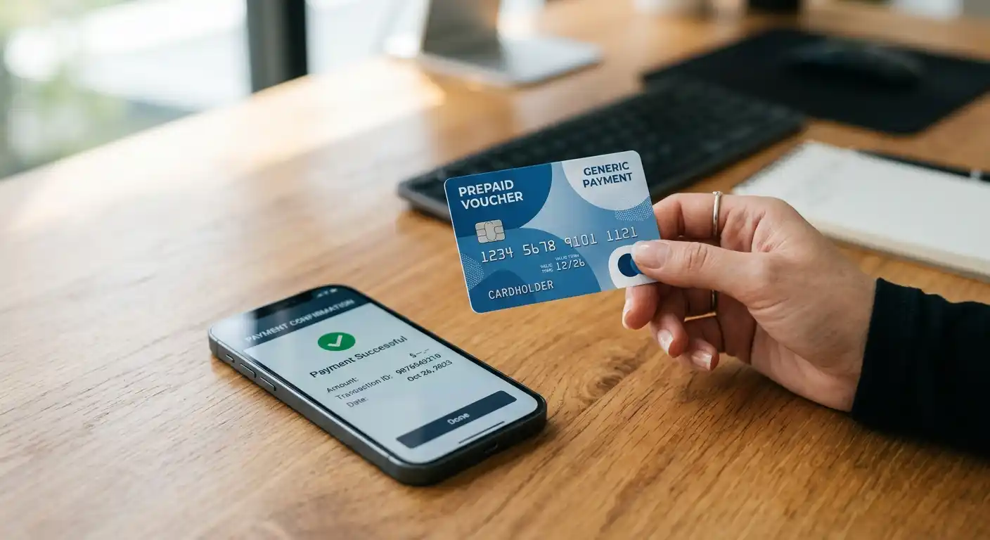 Hand hält eine neutrale Prepaid-Gutschein-Karte neben einem Smartphone auf einem Schreibtisch