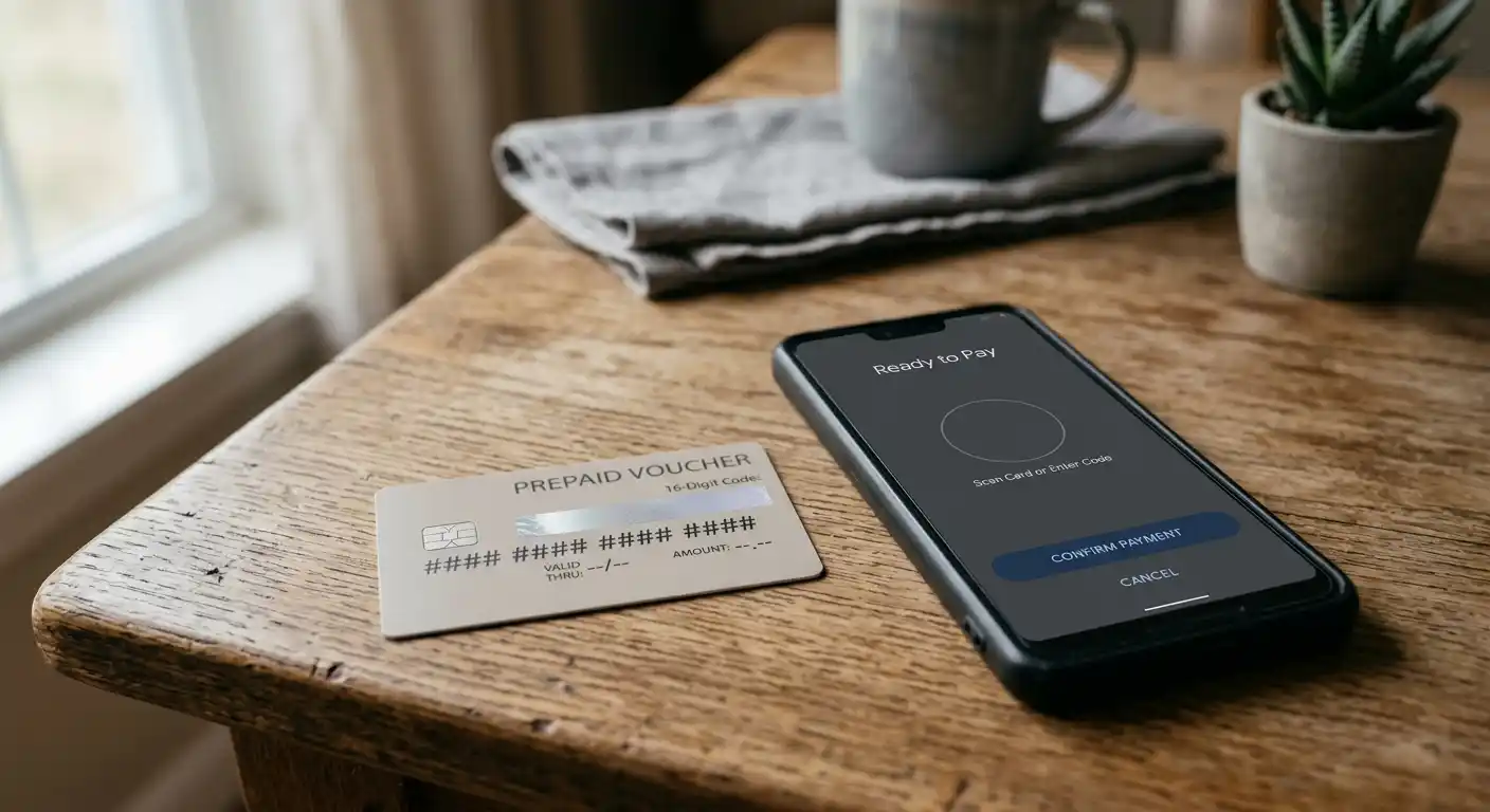 Prepaid-Gutschein und Smartphone mit neutraler Zahlungsseite