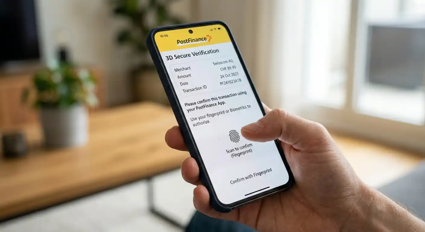 Smartphone mit PostFinance App und 3D Secure Authentifizierung