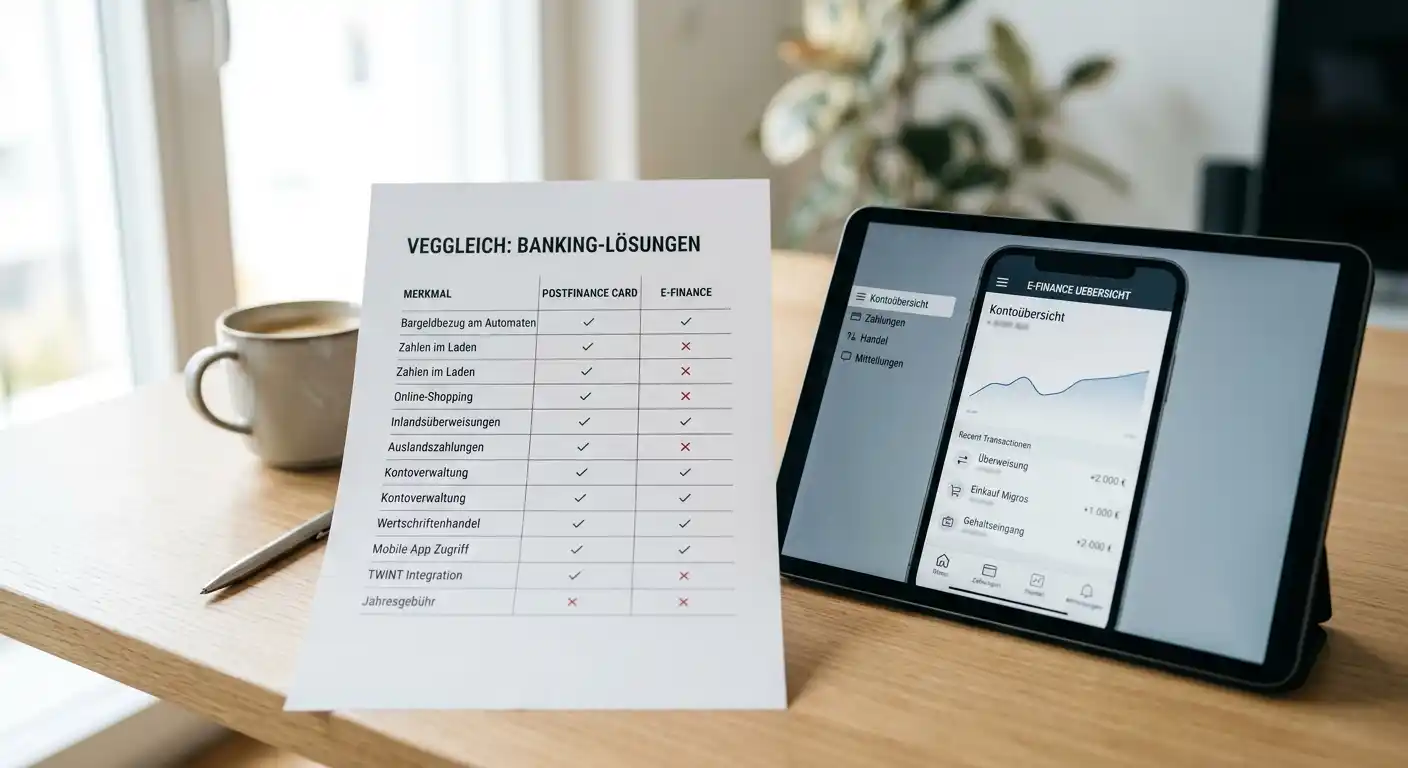 Vergleichstabelle zwischen PostFinance Card und E-Finance auf einem Schreibtisch