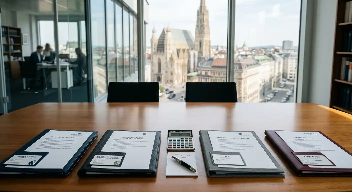 Konferenztisch mit vier Dokumentenmappen verschiedener Dienstleister