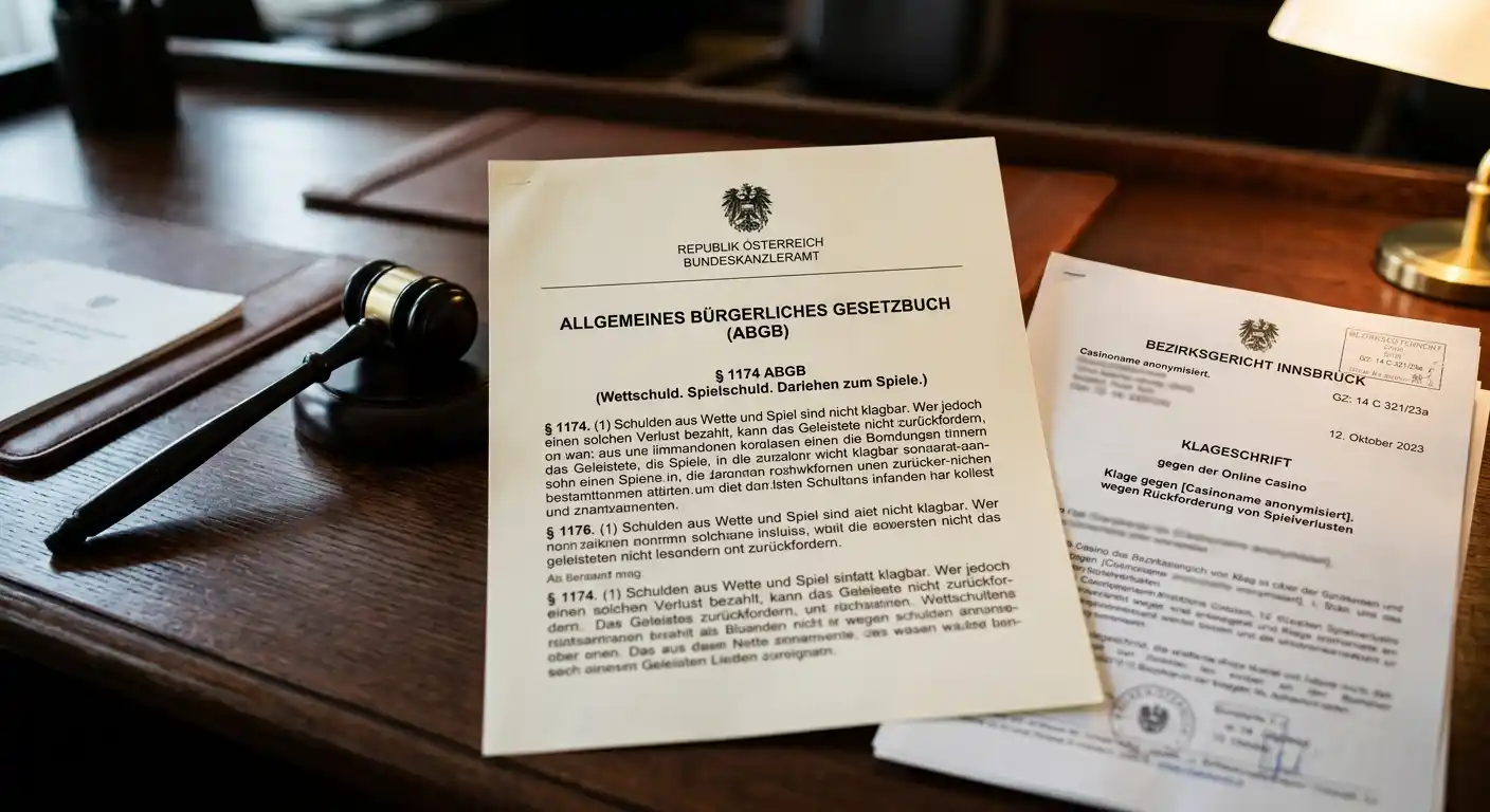 Österreichisches Gerichtsdokument mit § 1174 ABGB und Casino-Klage auf Richtertisch