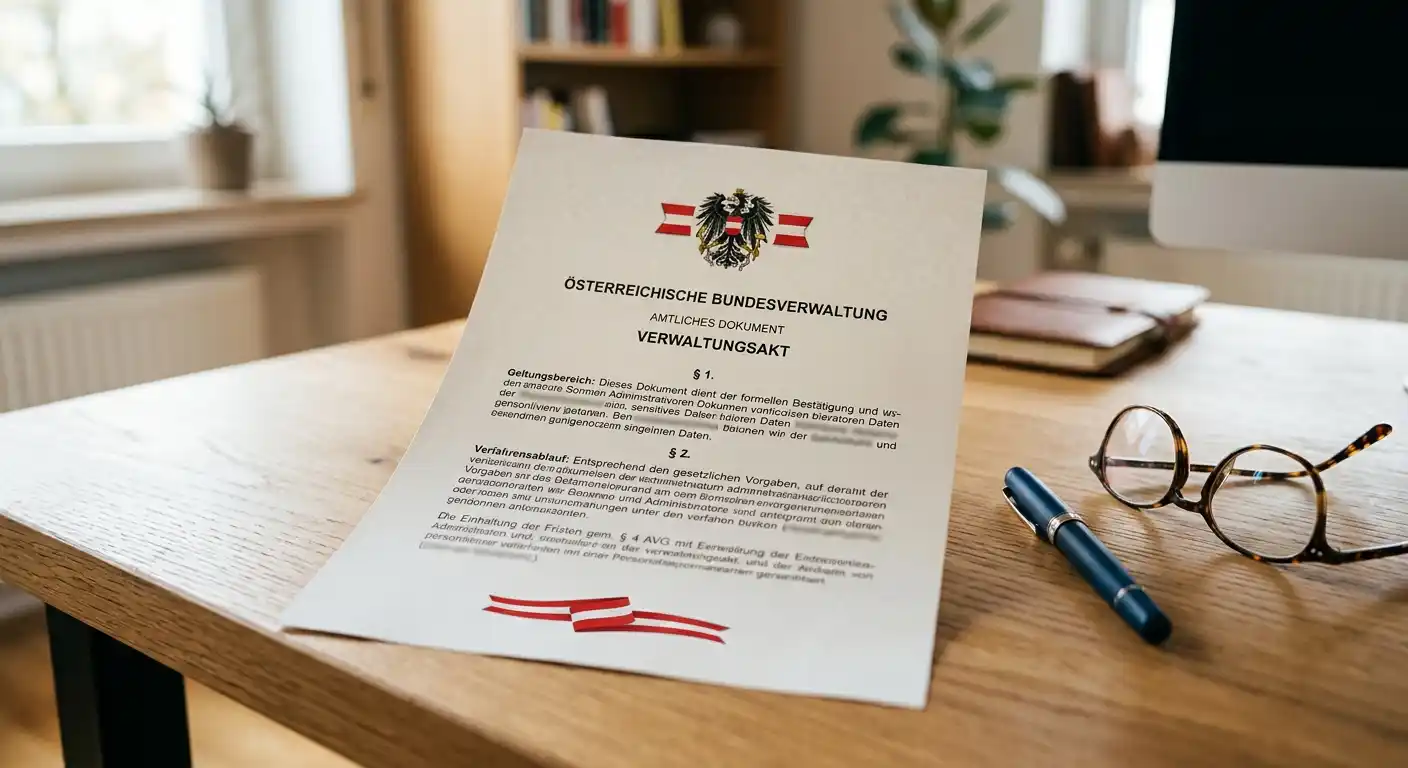 Offizielles Rechtsdokument mit Paragrafensymbol und österreichischer Flagge auf einem sauberen Schreibtisch, daneben Stift und Lesebrille, sanftes Bürolicht, realistische Fotografie, keine persönlichen Informationen auf dem Dokument sichtbar, professionelle neutrale Atmosphäre, warme Töne
