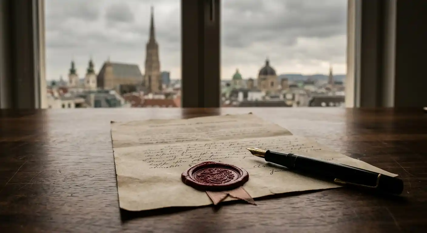 Gesetzesdokument mit Stempel auf einem Schreibtisch vor der Silhouette von Wien