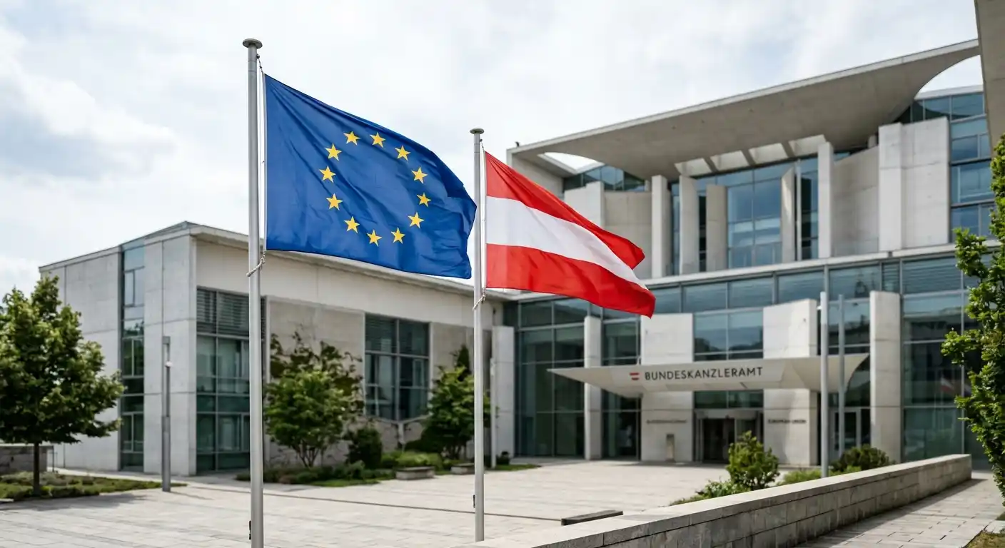 EU-Flagge und österreichische Flagge symbolisch für regulatorische Schnittstelle