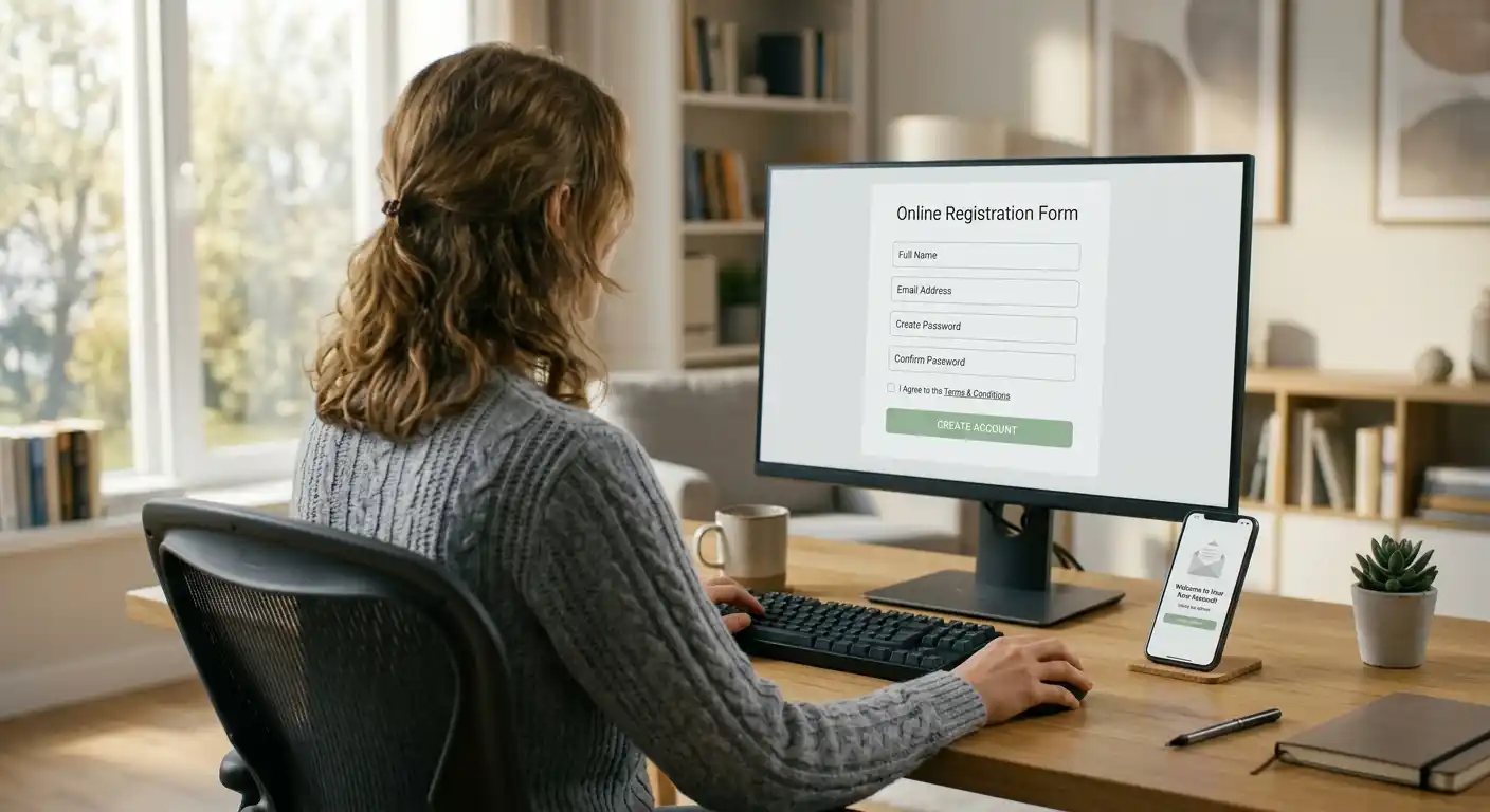 Person am hellen Schreibtisch füllt ein generisches Online-Registrierungsformular aus