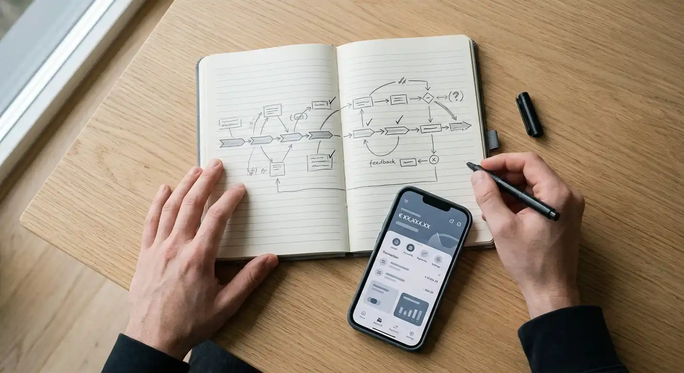 Notizblock mit Zeitstrahl und Smartphone mit Banking-Interface