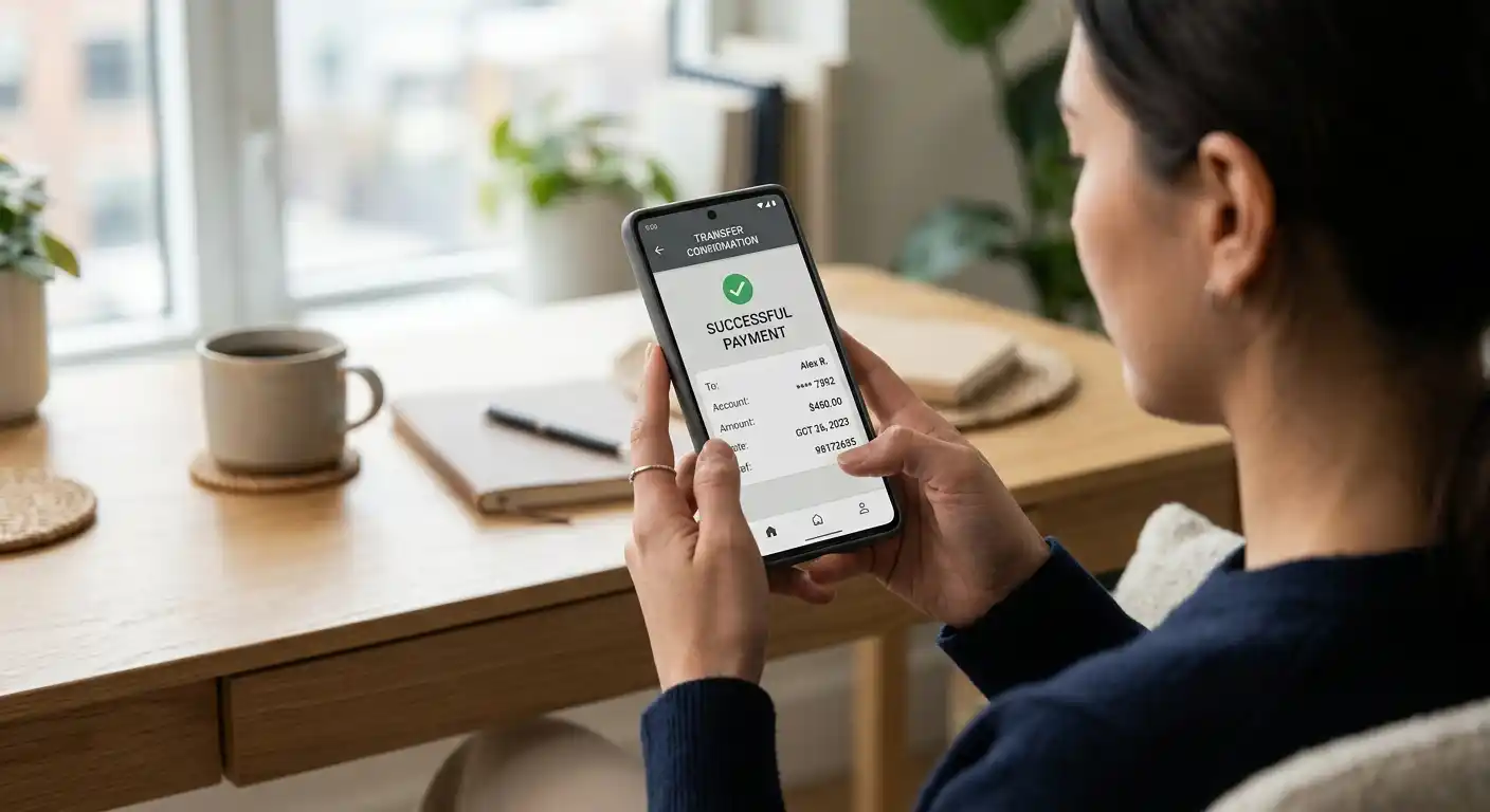 Person überweist Geld mit Smartphone in moderner Wohnung