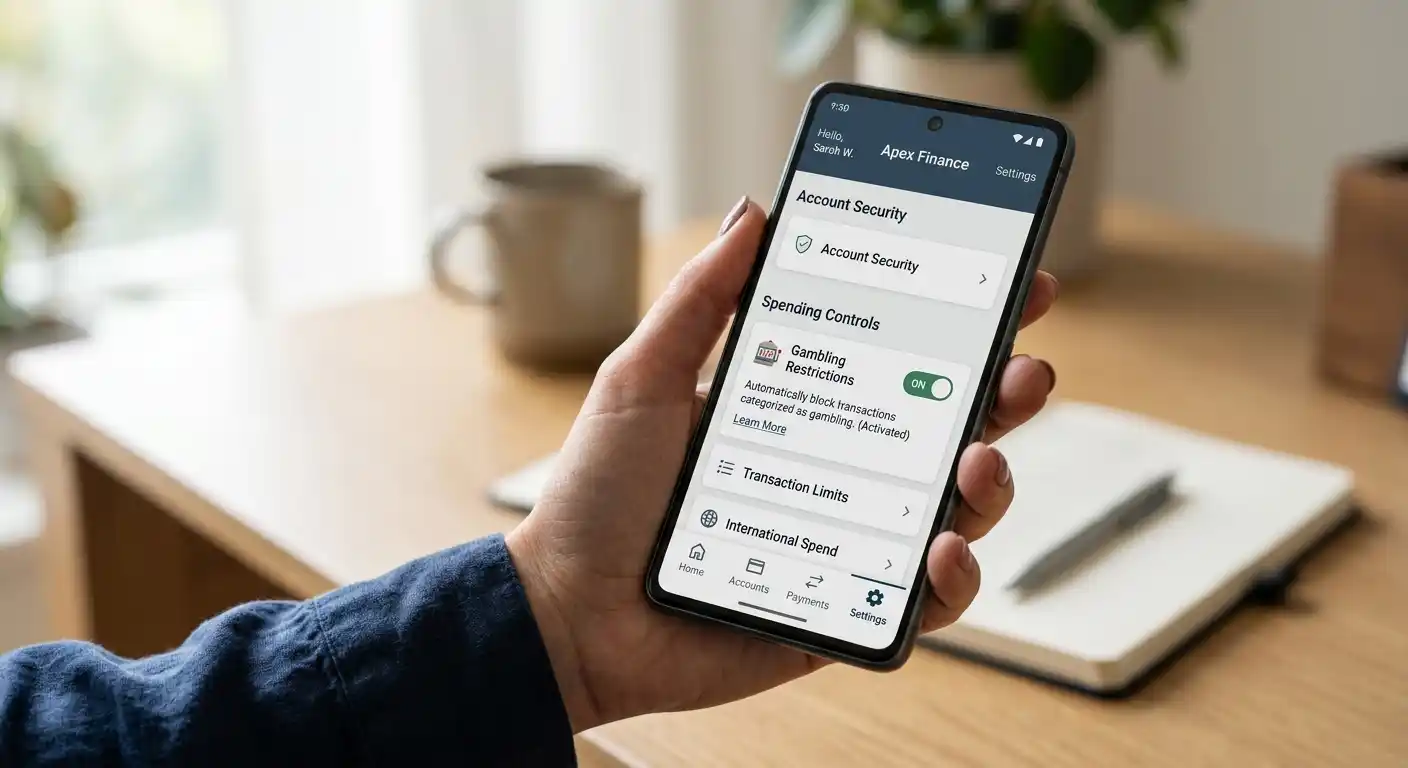Smartphone mit Revolut-App und Gambling-Block-Einstellung