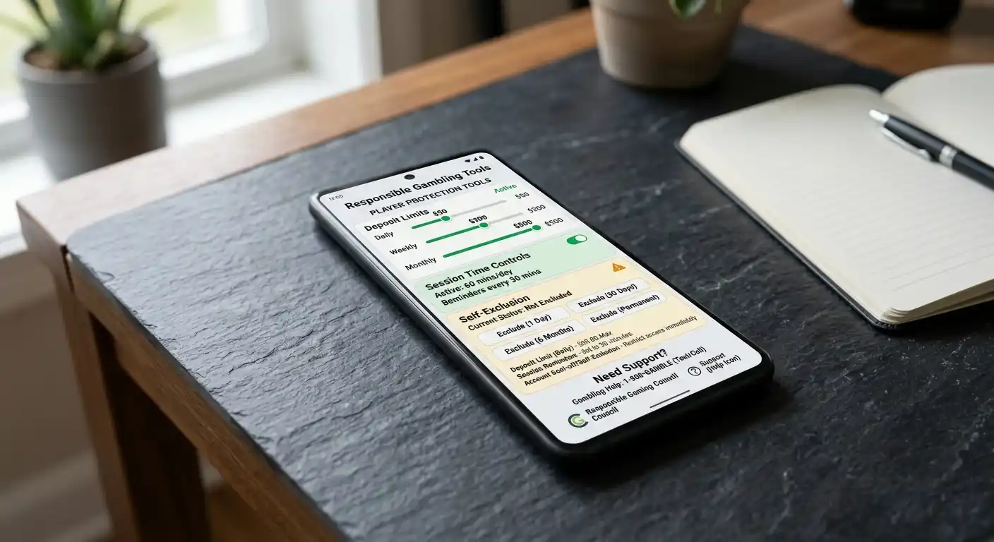 Verantwortungsvolles Spielen Symbol mit Selbstausschluss-Einstellungen auf Smartphone