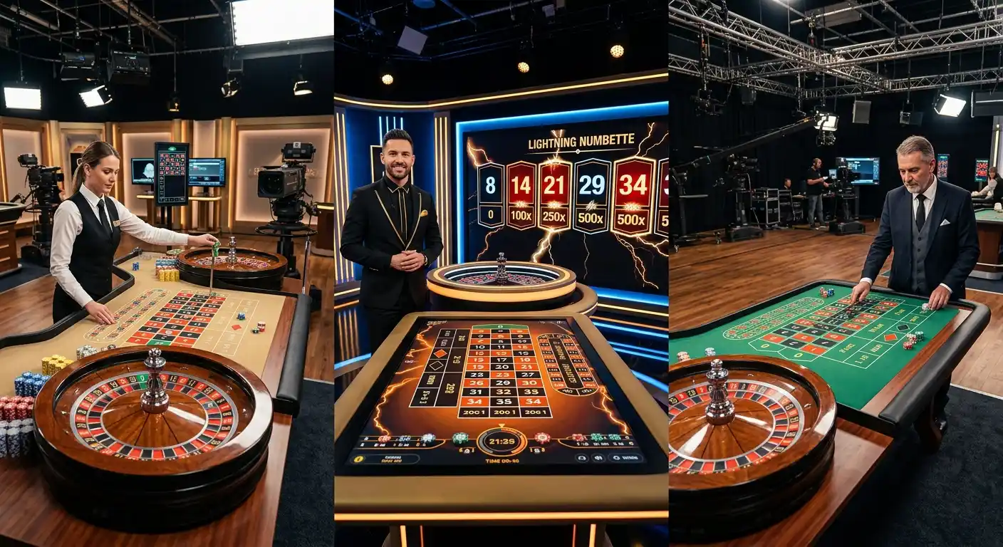 Verschiedene Live-Roulette-Tische mit unterschiedlichen Spielvarianten nebeneinander